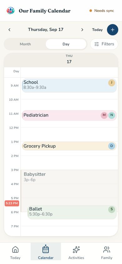 Our Family Calendar mobile Day view showing activities with times, family-member badges, and babysitter coverage